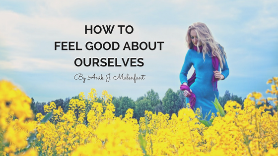 How to feel good about ourselves - blonde woman in blue dress standing in a field of yellow flowers
