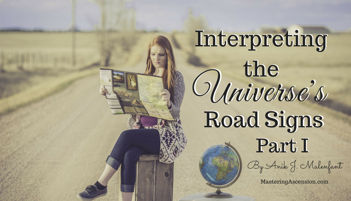 Interpreting the Universe's Road Signs Part 1 - Title text and credit to Anik J. Malenfant along with a picture of a woman reading a map sitting on a box in the middle of a dusty road with a globa beside her on the floor.