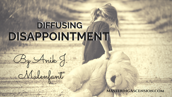 Diffusing disappointment - title text and credit to Anik J. Malenfant over a black and white image of a child walking away down a pebbly road carrying an oversized stuffed bear